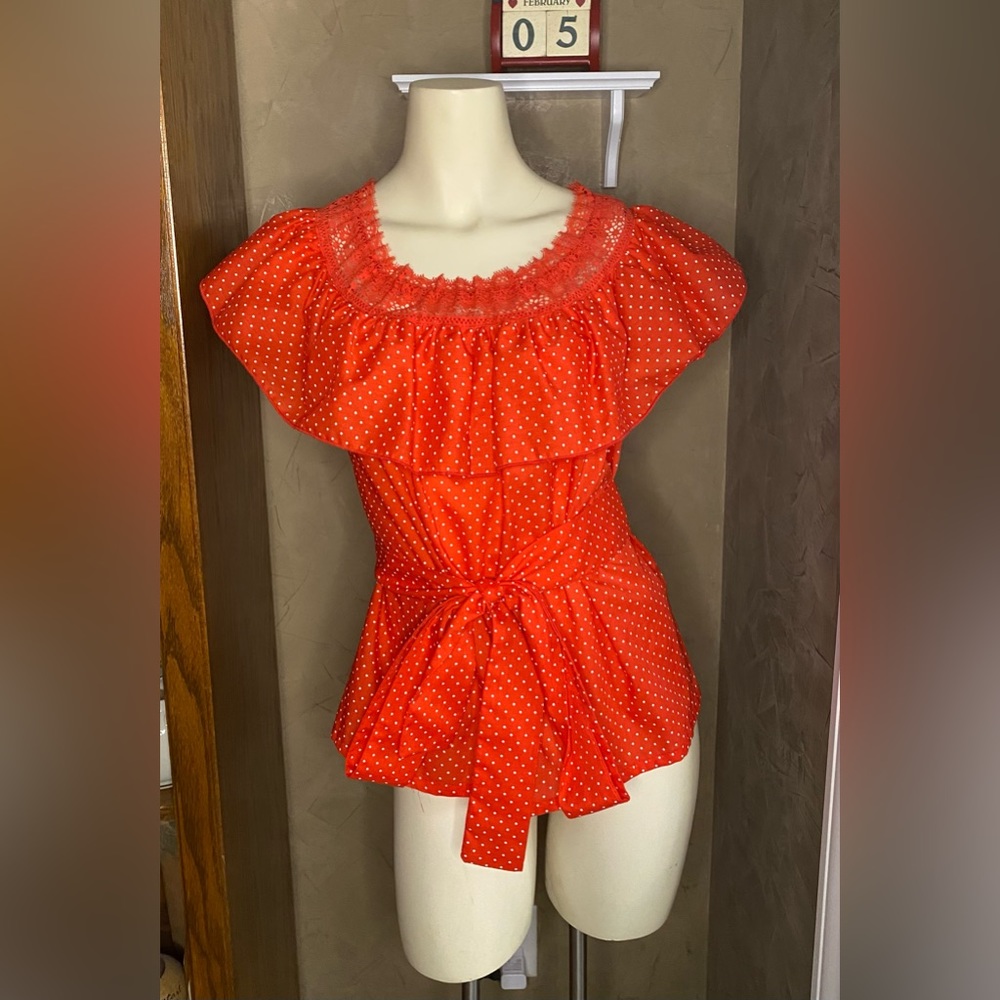 Carefree Fashions VTG 70’s Lace & Ruffle Dots Red Top Women’s size Small